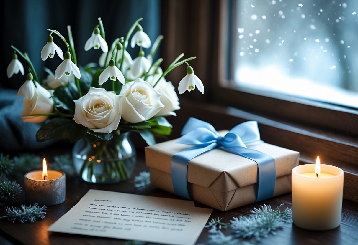 A romantic gift arrangement with white flowers, a wrapped present, a lit candle, and a handwritten letter by a window showing falling snow outside.