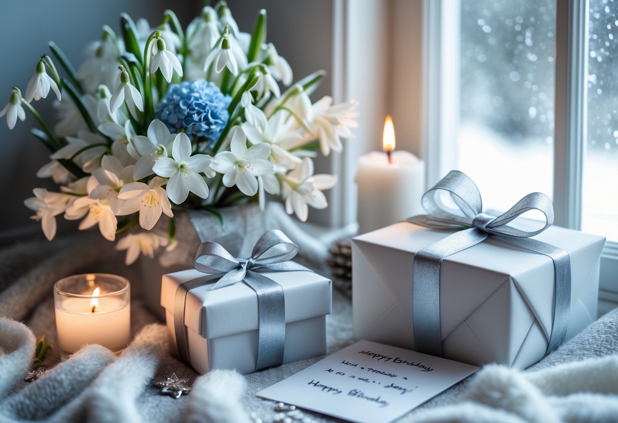 A cozy winter-themed birthday gift setup with flowers, a wrapped present, a lit candle, and a handwritten card near a frosted window with falling snow outside.