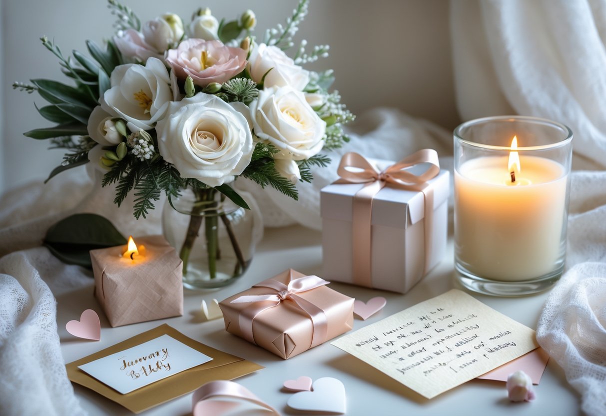 A collection of romantic gift items including flowers, a wrapped present, a handwritten note, and a lit candle arranged on a soft background.