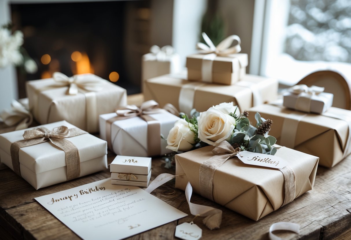 A cozy table with personalized wrapped gifts, jewelry boxes, a handwritten note, and a small bouquet of winter flowers.