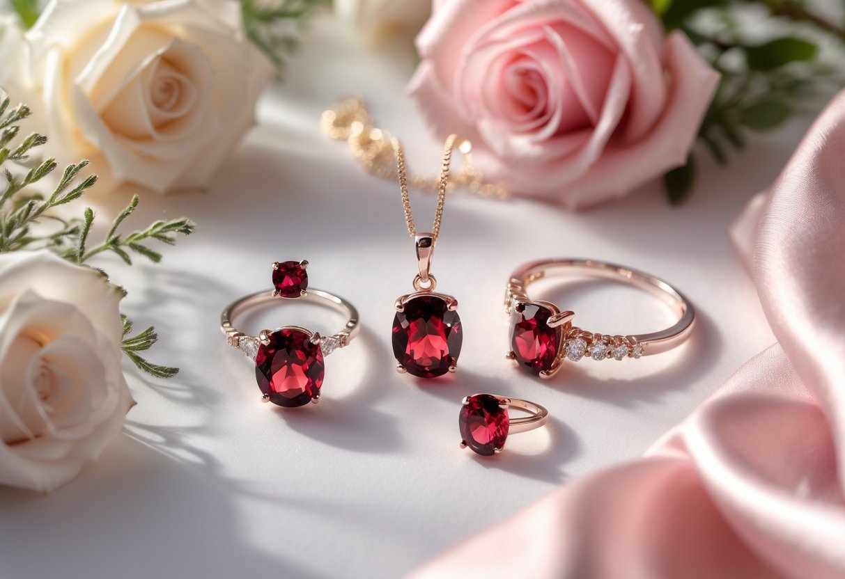 Close-up of red garnet January birthstone jewelry including necklace, earrings, and ring arranged with white roses and pink fabric.
