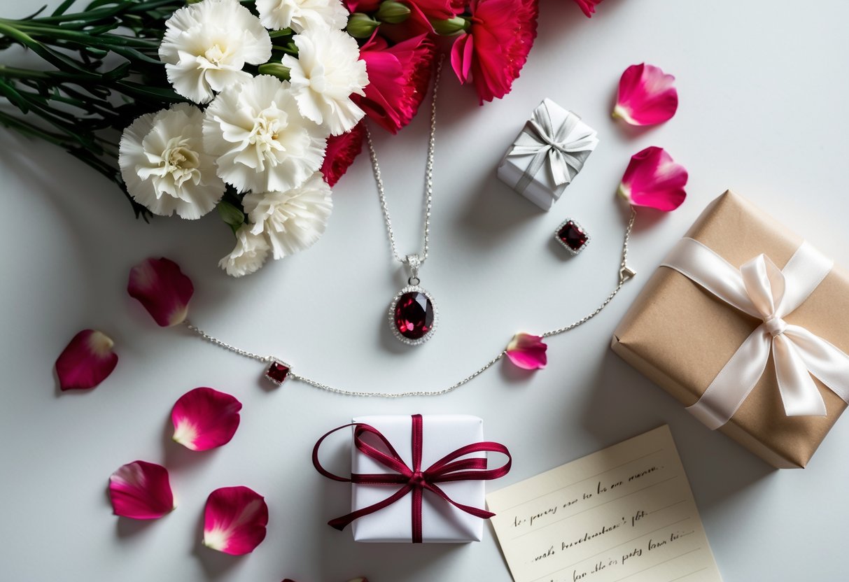 A flat lay of January birthday gifts featuring white carnations, a garnet necklace, rose petals, a wrapped gift box, and a handwritten note on a neutral background.