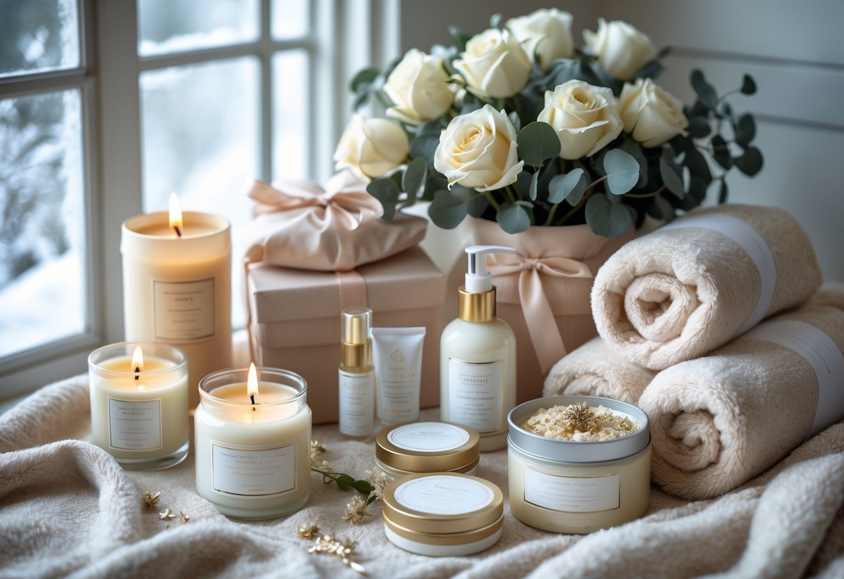 A cozy arrangement of self-care gifts including candles, bath bombs, skincare products, a plush robe, and winter flowers on a soft surface with a snowy window background.