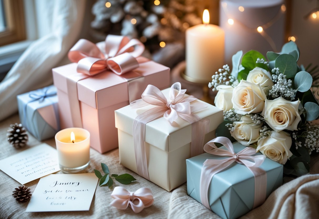 A cozy scene with wrapped gift boxes, winter flowers, and a lit candle arranged on a table.