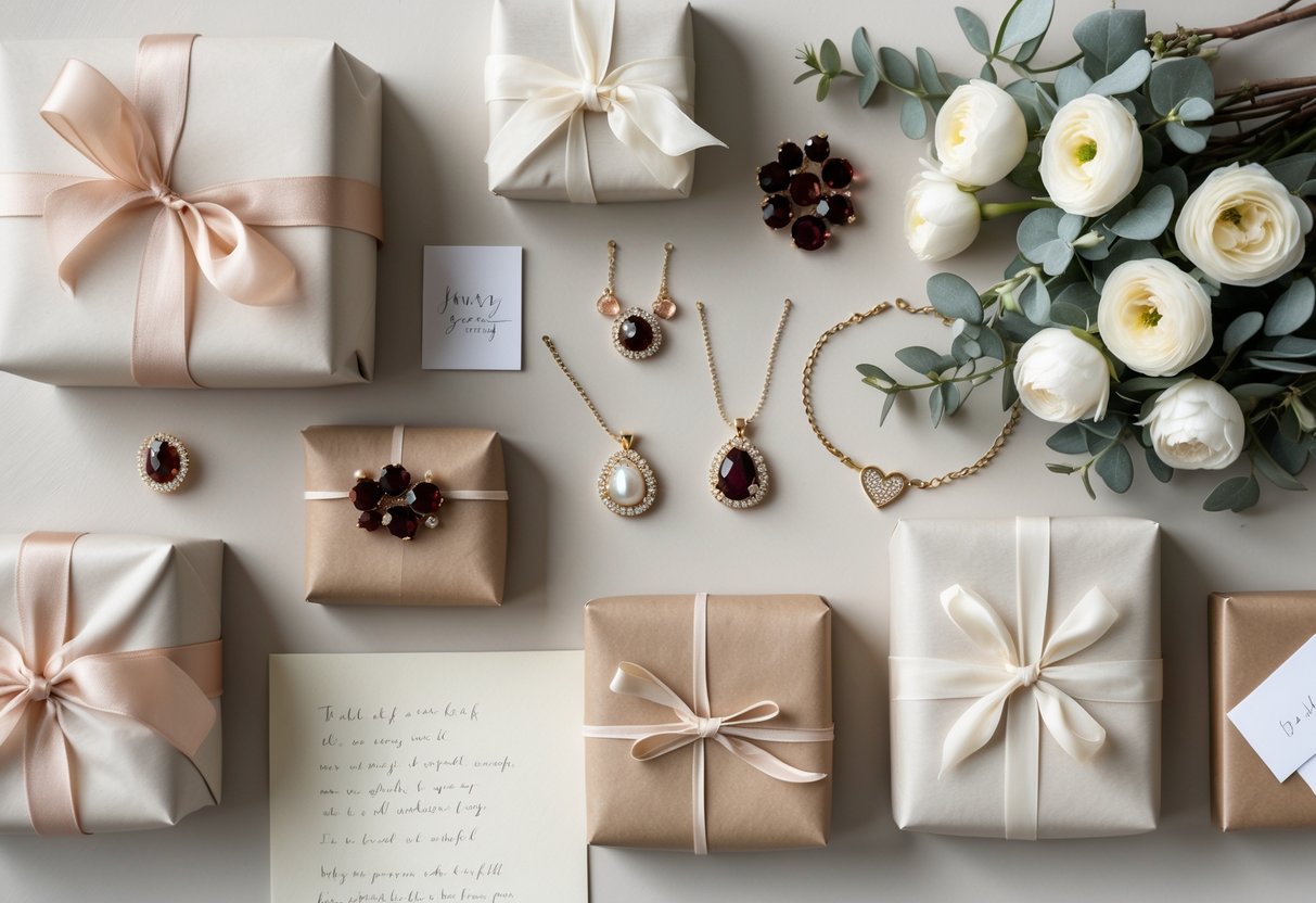 A flat lay of wrapped gifts, handcrafted jewelry, winter flowers, and a handwritten note arranged on a neutral surface.