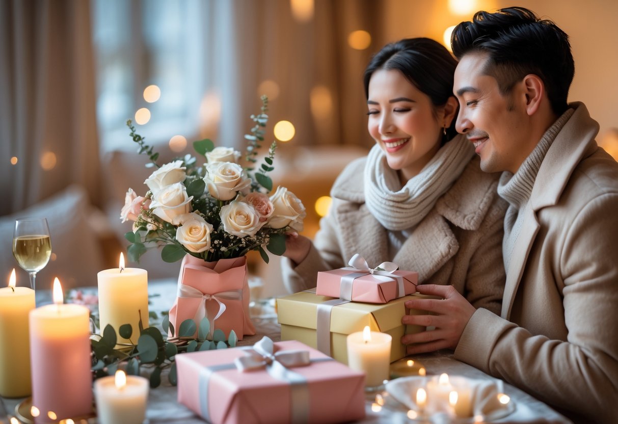 A couple exchanging birthday gifts at a candlelit table decorated with flowers and wrapped presents in a cozy indoor setting.
