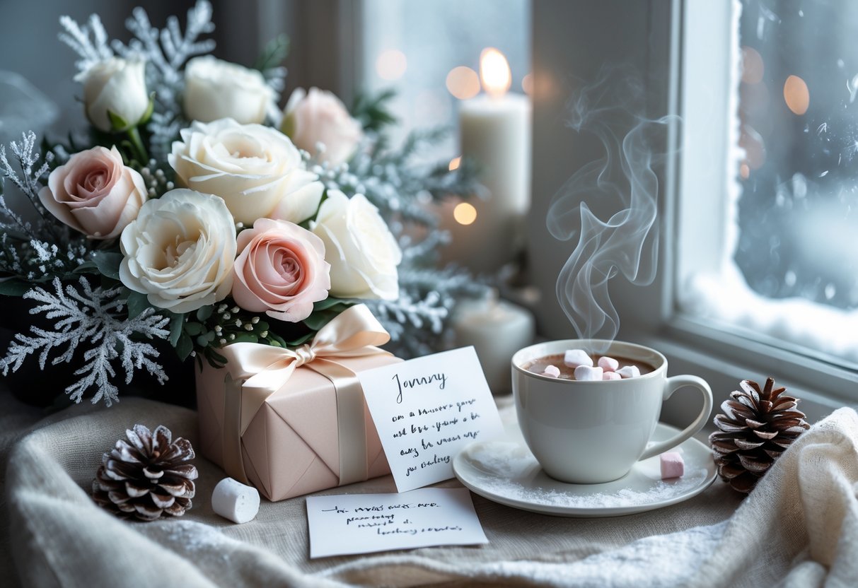 A cozy indoor scene with a wrapped gift box, a bouquet of white and pink flowers, a handwritten note, and a cup of hot chocolate on a table near a frosted window.