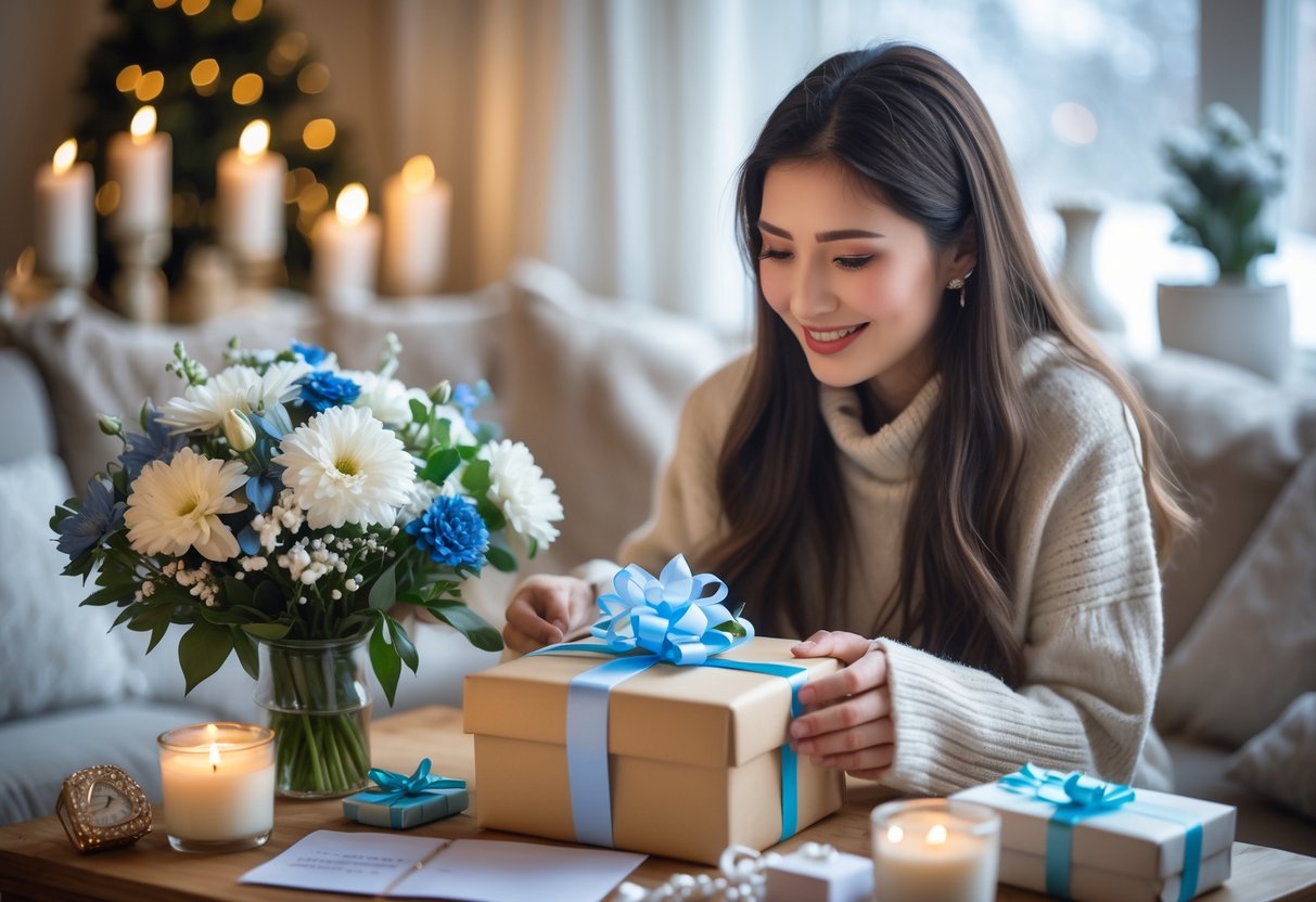 A young woman smiling as she receives a wrapped birthday gift from a loved one in a cozy room decorated for winter.