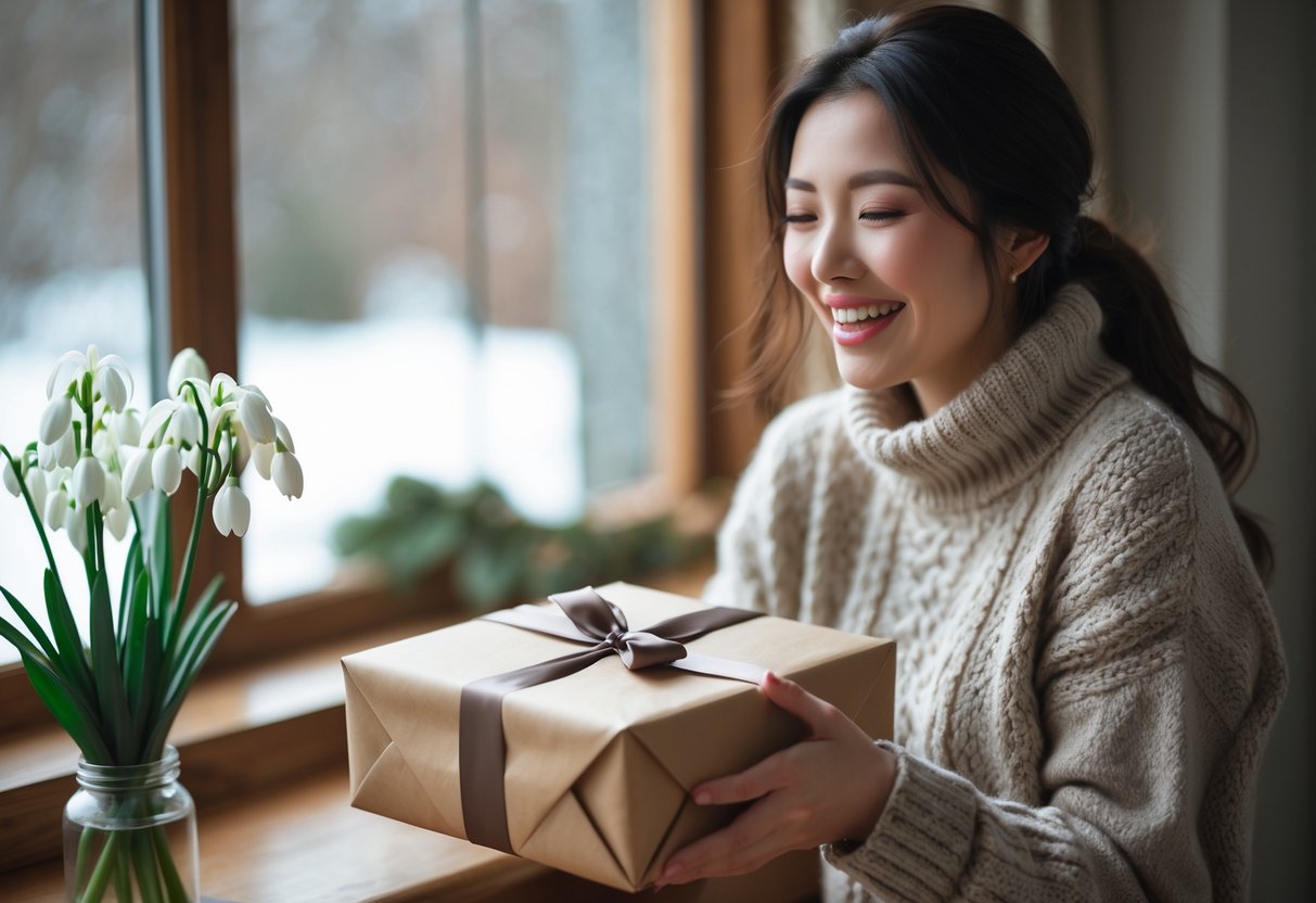 A young woman smiling happily as she receives a wrapped birthday gift indoors near a window with snow visible outside.