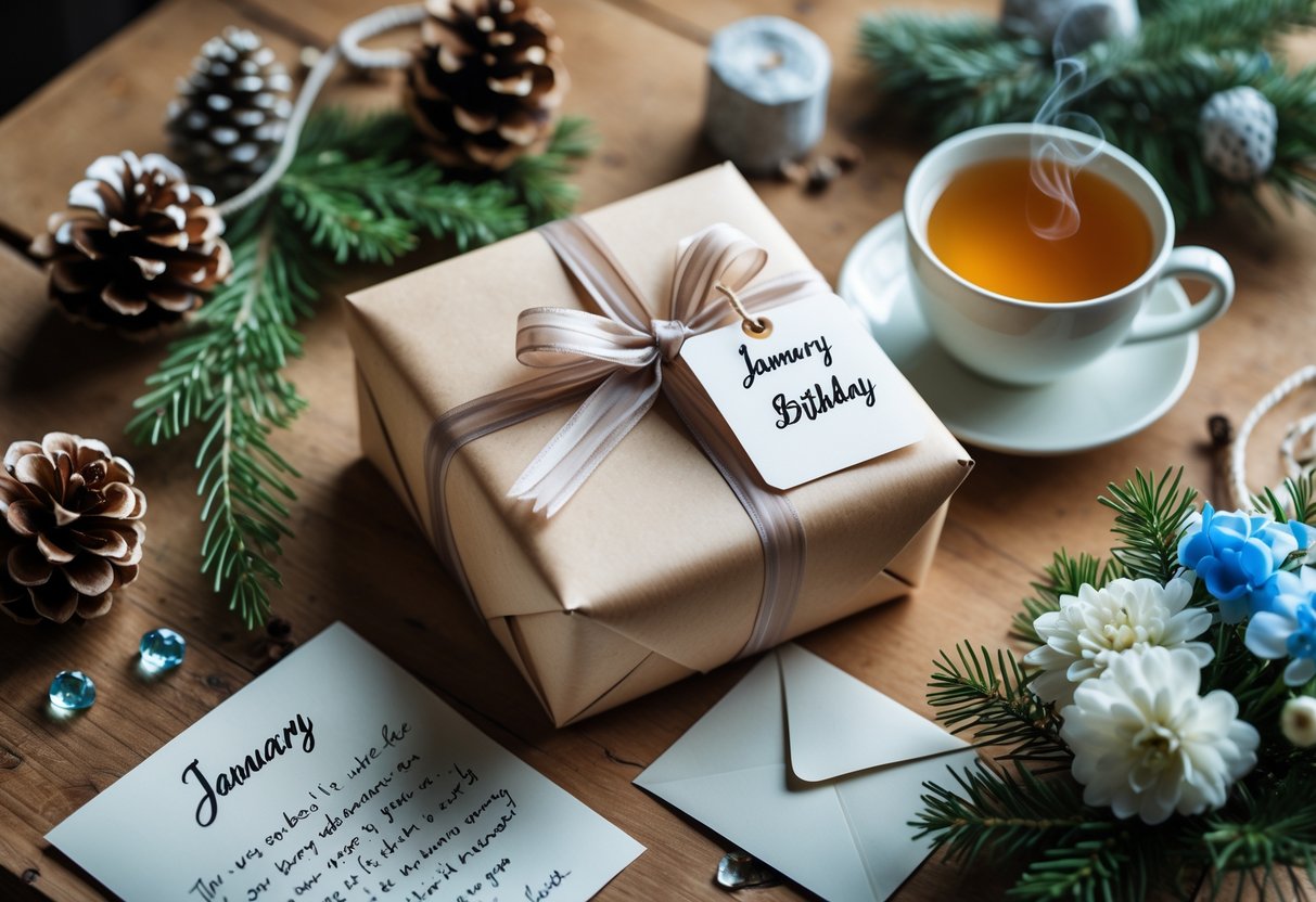A wrapped January birthday gift on a wooden table with winter decorations, a handwritten card, a cup of tea, and a small bouquet of flowers.