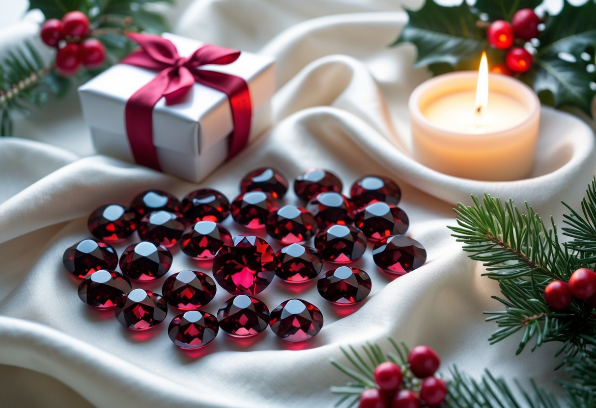 Close-up of red garnet gemstones arranged on white silk fabric with a wrapped gift box, pine branches, holly berries, and a softly glowing candle in the background.