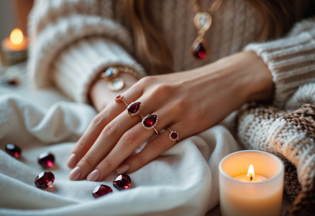 Close-up of a woman's hand and wrist wearing garnet birthstone rings and a matching pendant necklace on soft white fabric with a blurred cozy background.