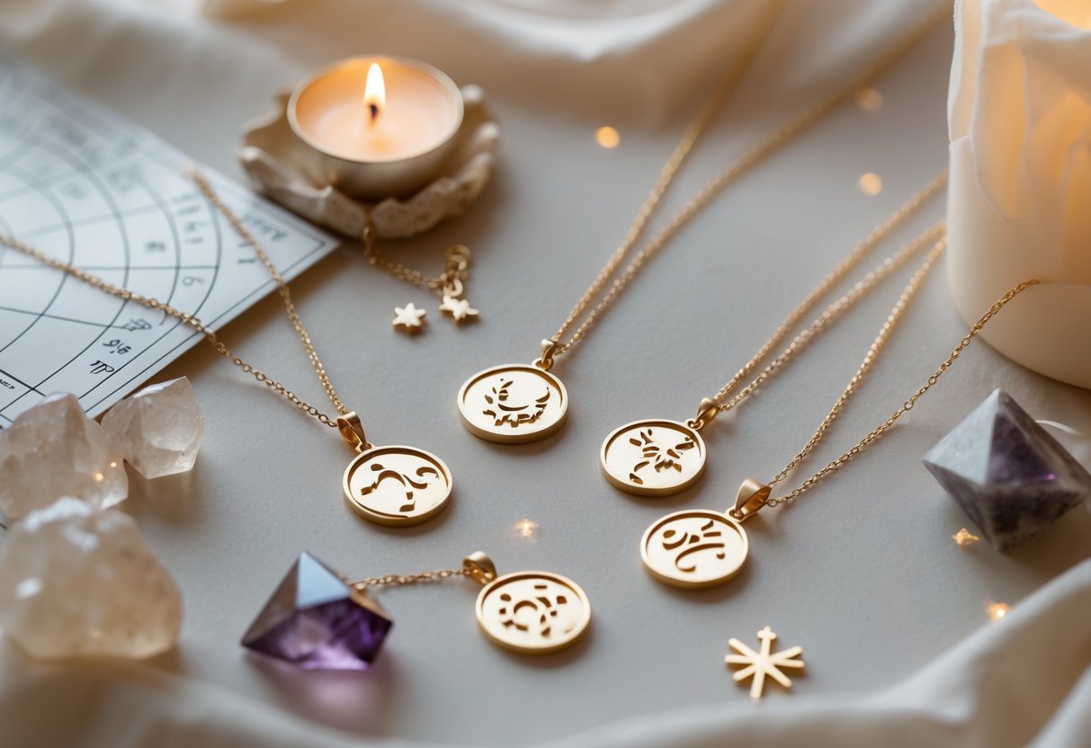 A close-up of zodiac necklaces and astrological-themed gifts arranged with crystals and a candle on a soft surface.