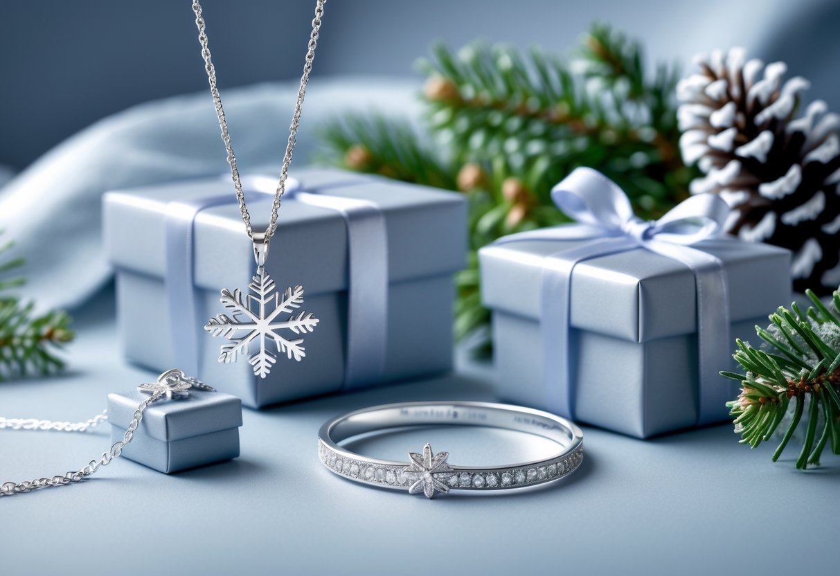 An elegant arrangement of sterling silver jewelry and a gift box with winter-themed decorations on a softly lit surface.