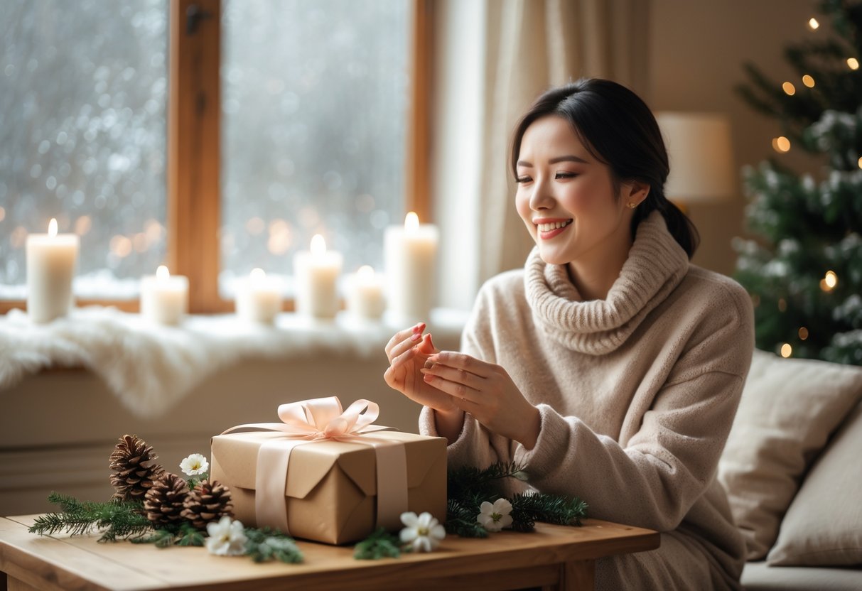A woman smiling warmly as she receives a beautifully wrapped birthday gift in a cozy room decorated with winter-themed items.