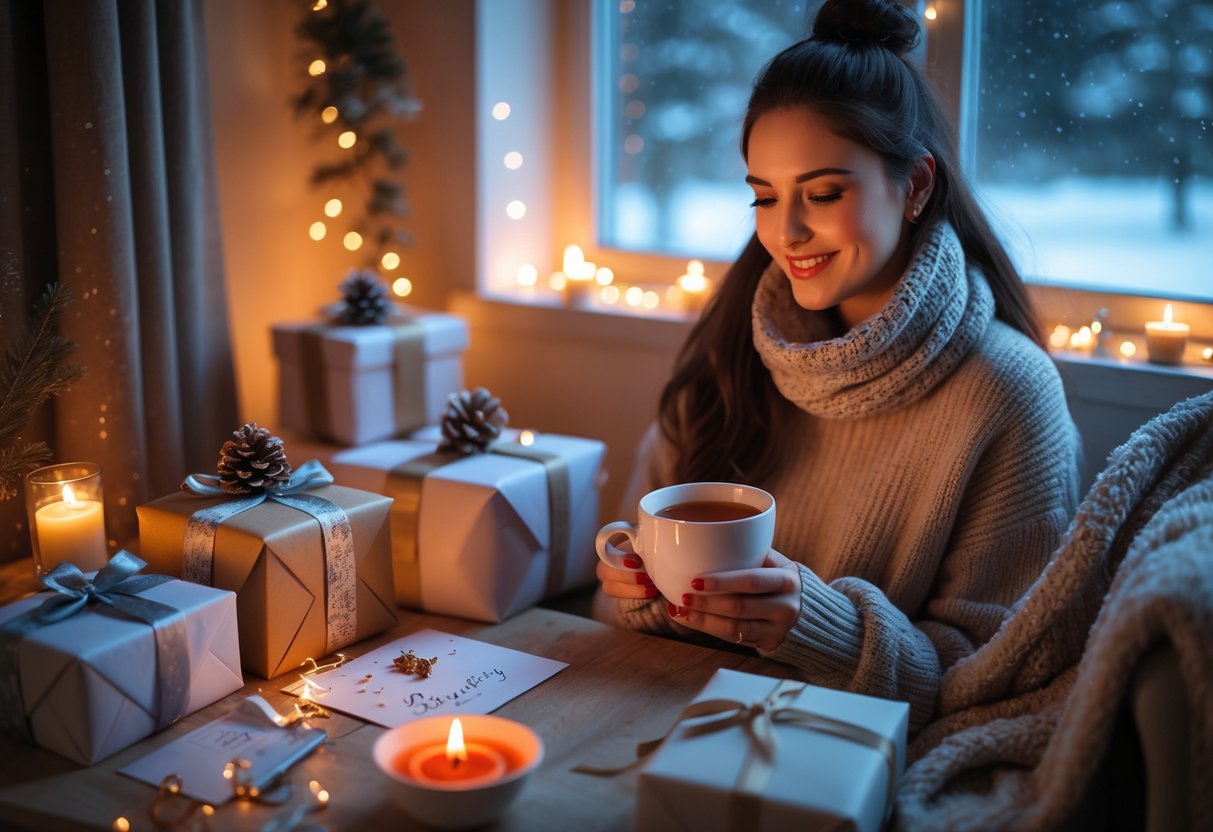 A young woman in cozy winter clothes sitting indoors by a window with snow outside, surrounded by wrapped birthday gifts and warm lighting.