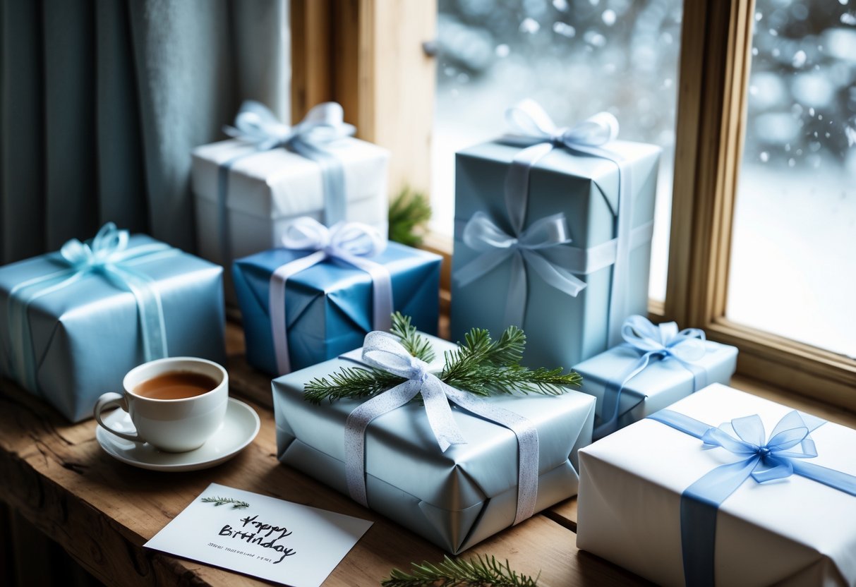 A cozy indoor scene with wrapped birthday presents in winter colors, a cup of tea, and a handwritten card on a wooden table near a window with a snowy view.