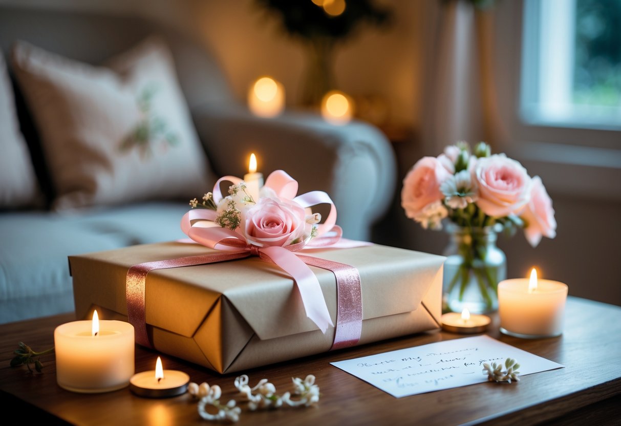 A beautifully wrapped birthday gift with flowers, candles, and a handwritten note on a wooden table in a cozy room with natural light.