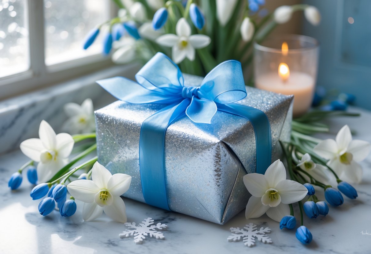 A wrapped birthday gift with silver and blue ribbon on a white surface surrounded by white and blue flowers and snowflake decorations.