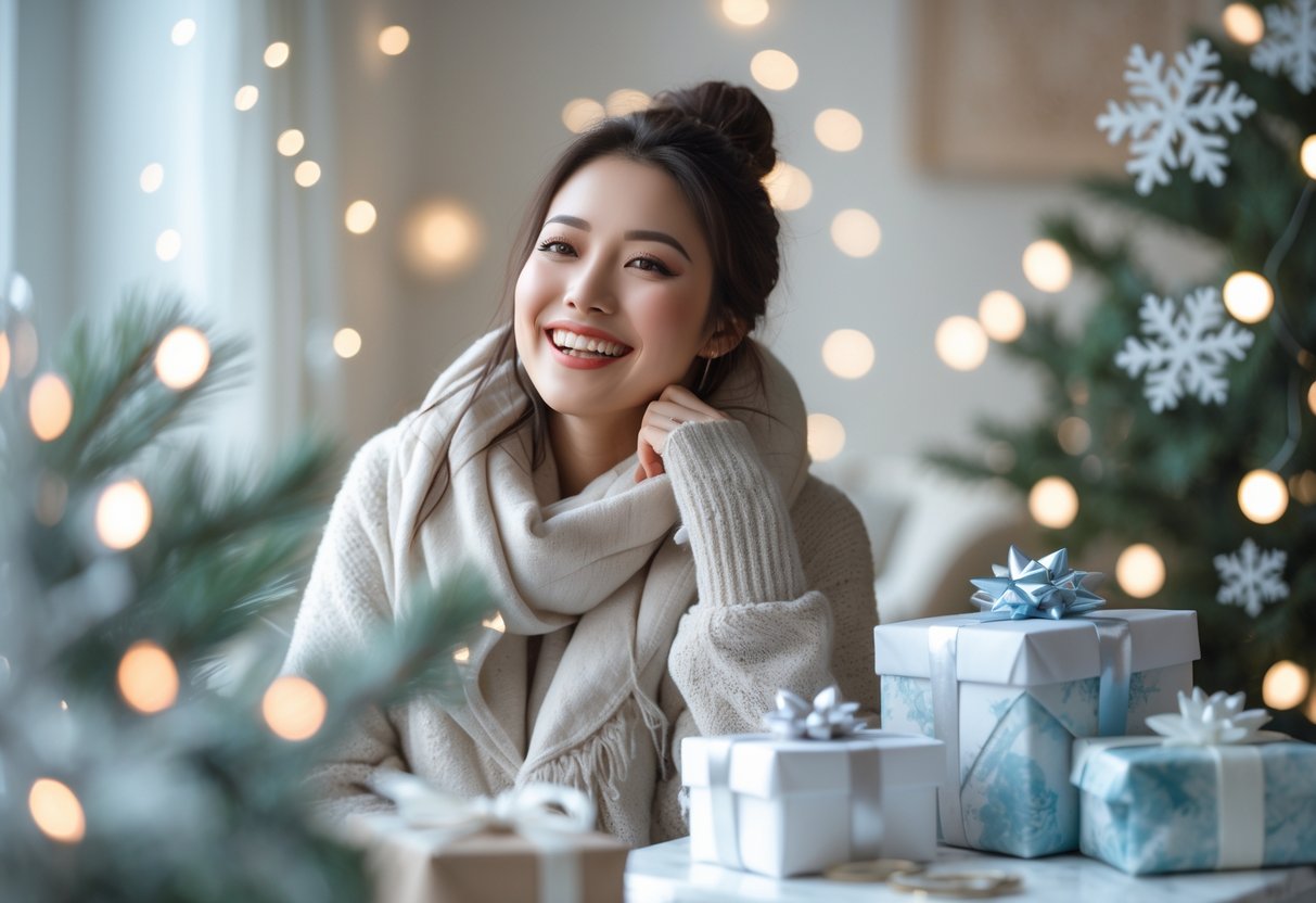 A smiling young woman in cozy winter clothes surrounded by wrapped gifts and winter-themed decorations indoors.