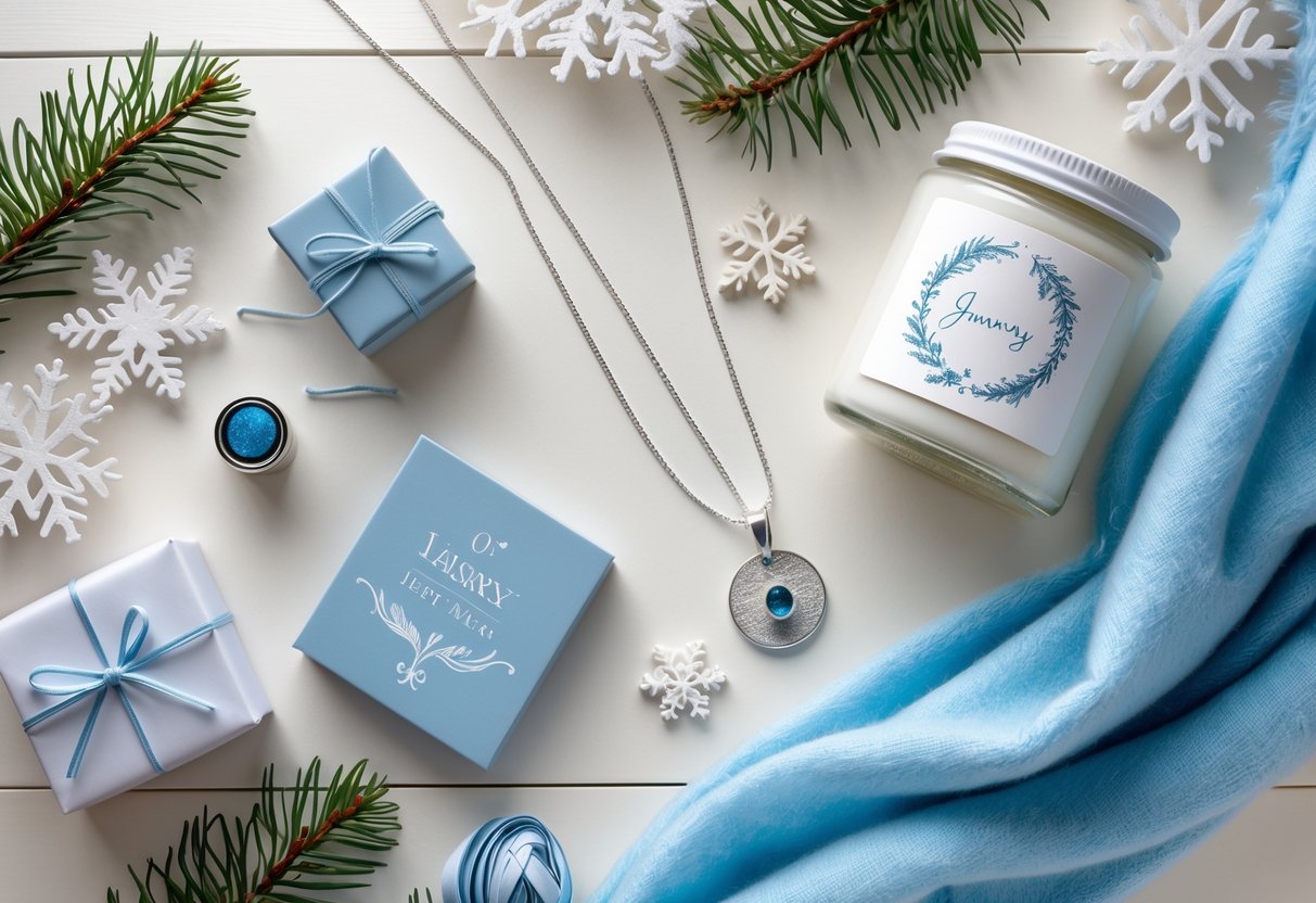 Flat lay of personalized January birthday gifts for her including a silver birthstone necklace, blue cashmere scarf, scented candle, and monogrammed journal on a light wood surface with winter decorations.