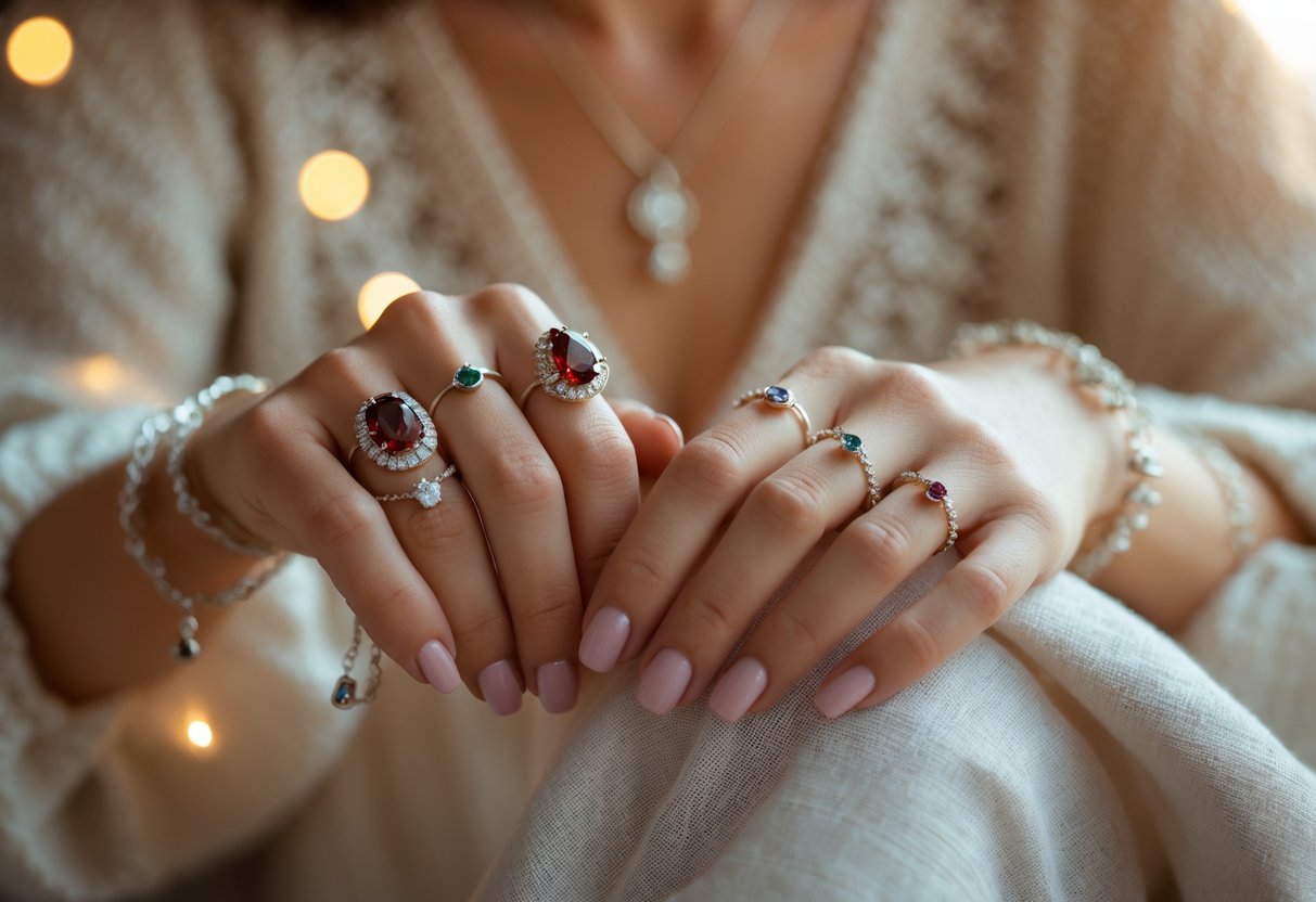 Close-up of a woman's hand wearing garnet rings, silver bracelets, and a pendant necklace, showcasing meaningful jewelry for a January birthday.
