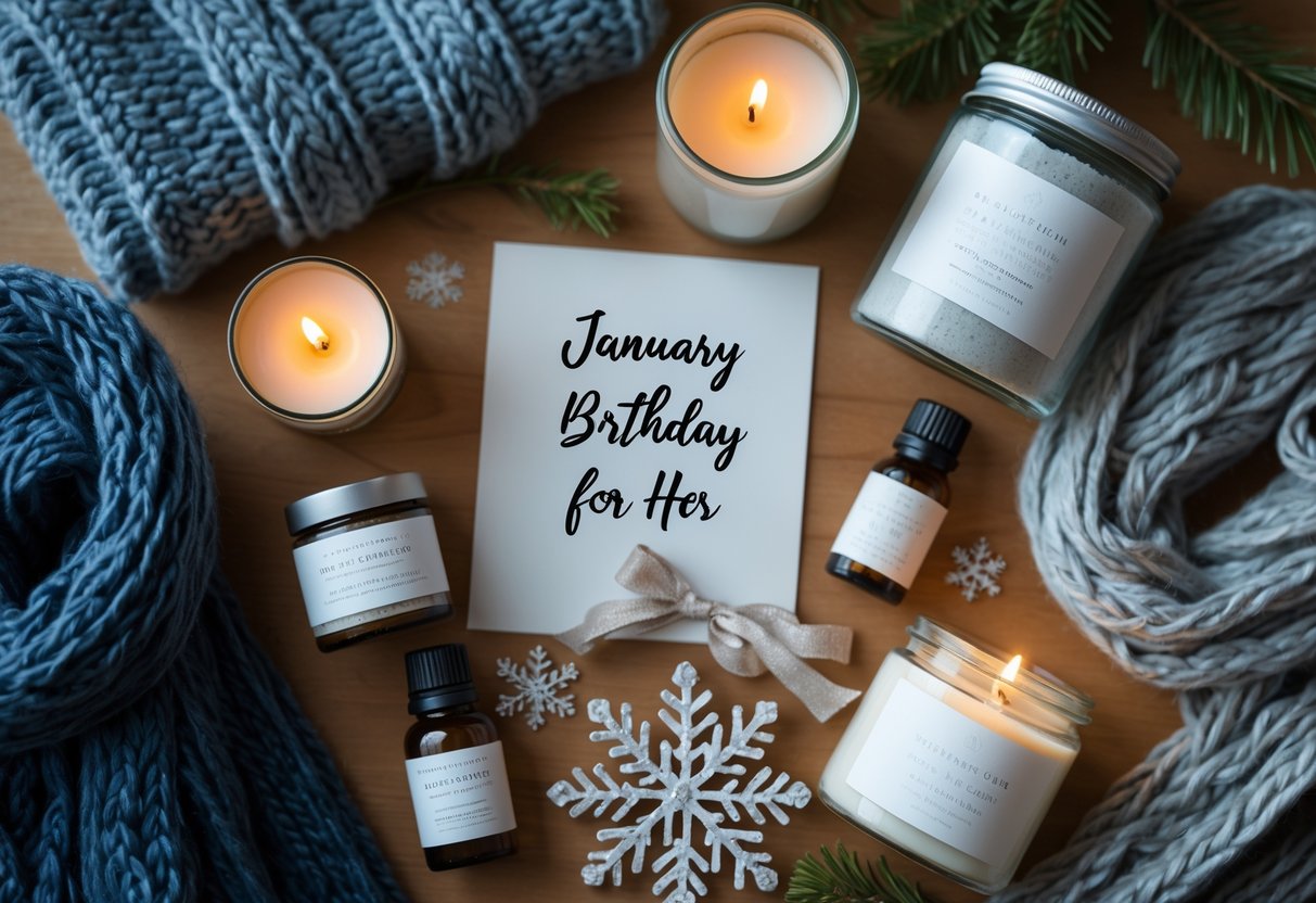A flat lay of self-care and wellness gifts including scarves, candles, bath salts, essential oils, and a crystal snowflake ornament arranged on a wooden surface.