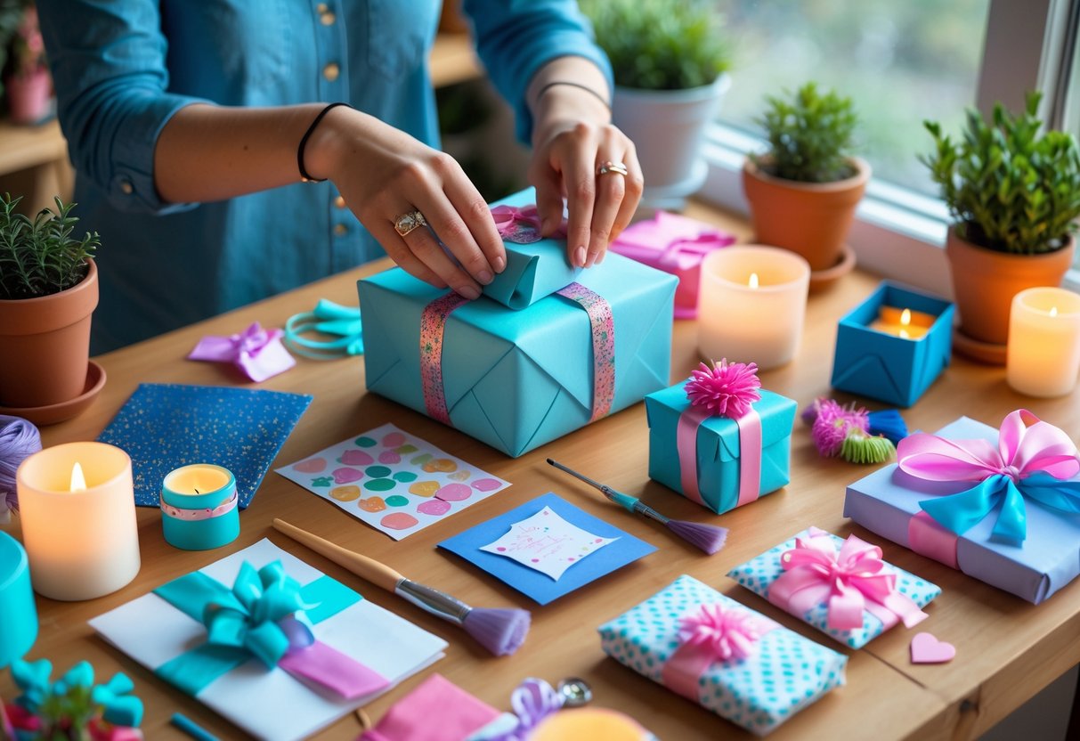 A woman’s hands wrapping a colorful handmade birthday gift surrounded by craft supplies and small plants on a wooden table.