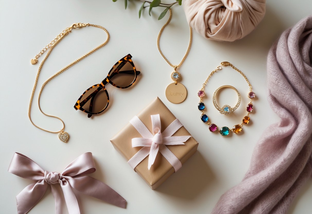 A flat lay of stylish accessories including a gold necklace, sunglasses, wristwatch, gemstone rings, a cashmere scarf, and a small wrapped gift box on a light background.