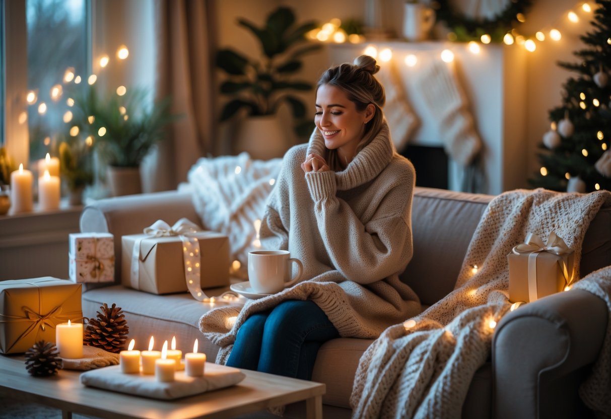 A woman in a cozy living room surrounded by birthday gifts, candles, and winter decorations, sitting comfortably on a sofa.