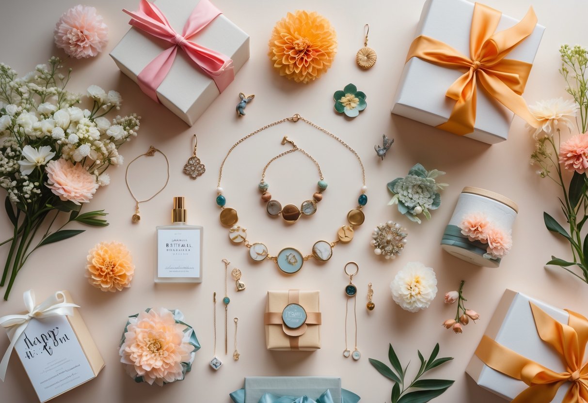 A flat lay of unique birthday gifts for women including jewelry, personalized keepsakes, flowers, and wrapped gift boxes arranged on a neutral background.