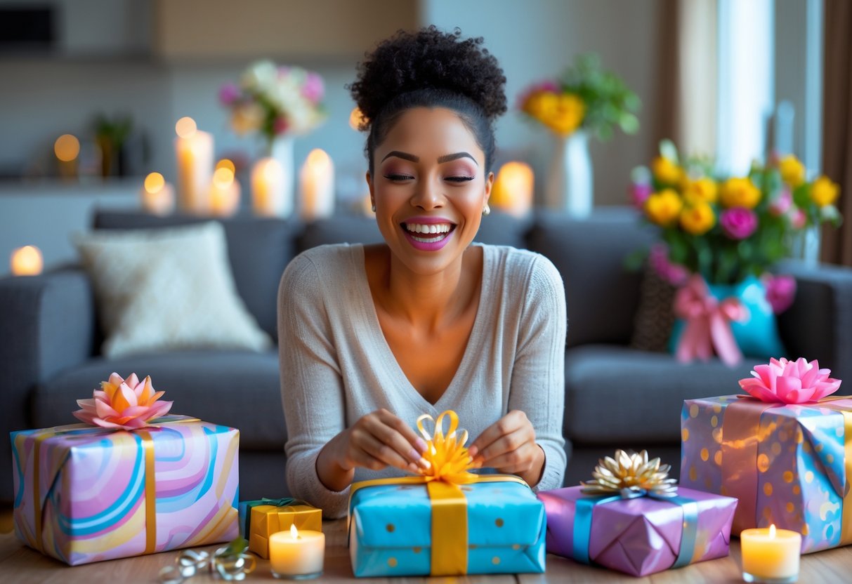 A woman happily unwrapping a birthday gift at a decorated table with wrapped presents and flowers around her.