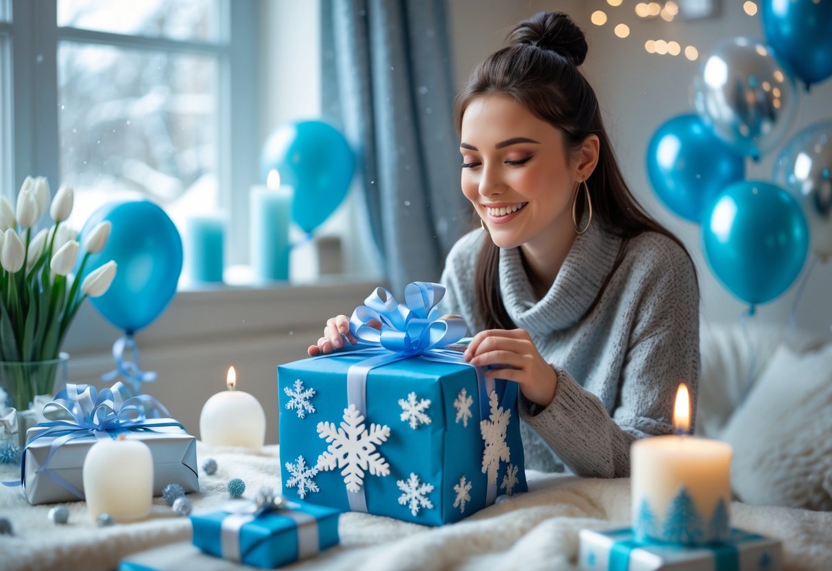 A young woman happily opening a wrapped birthday gift in a cozy room decorated with winter-themed birthday decorations and a snowy window in the background.