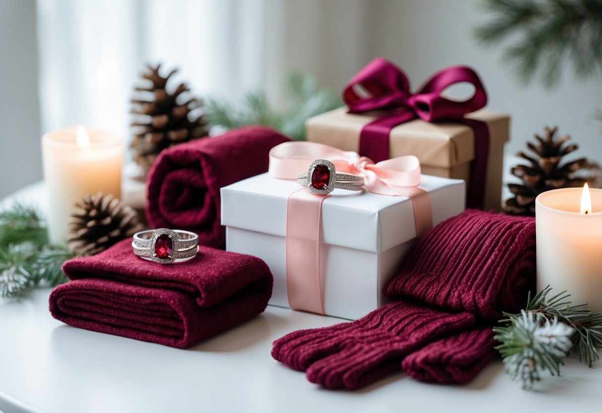 A collection of January birthday gifts for a woman including garnet jewelry, winter scarf, gloves, and a wrapped gift box arranged with pine cones and evergreen sprigs on a white surface.