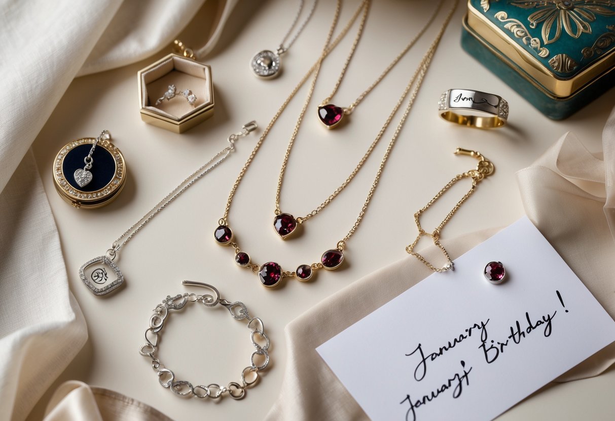 A flat lay of personalized jewelry with garnet birthstones, a vintage locket, a jewelry box, and a birthday card arranged on a soft fabric background.