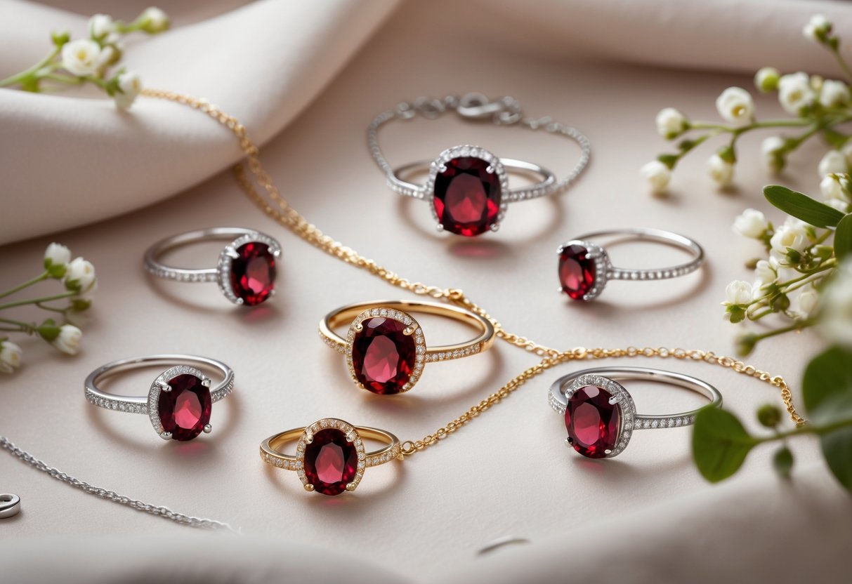 Close-up of elegant garnet birthstone rings and necklaces arranged on soft fabric with small white flowers and greenery.