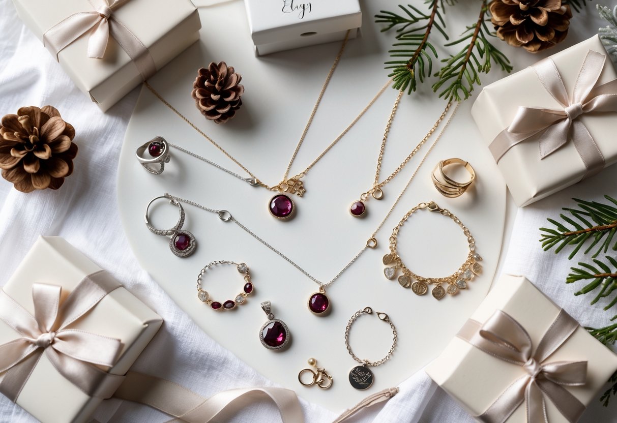 Flat lay of personalized jewelry with garnet birthstones, gift boxes, and winter-themed decorations on a white background.