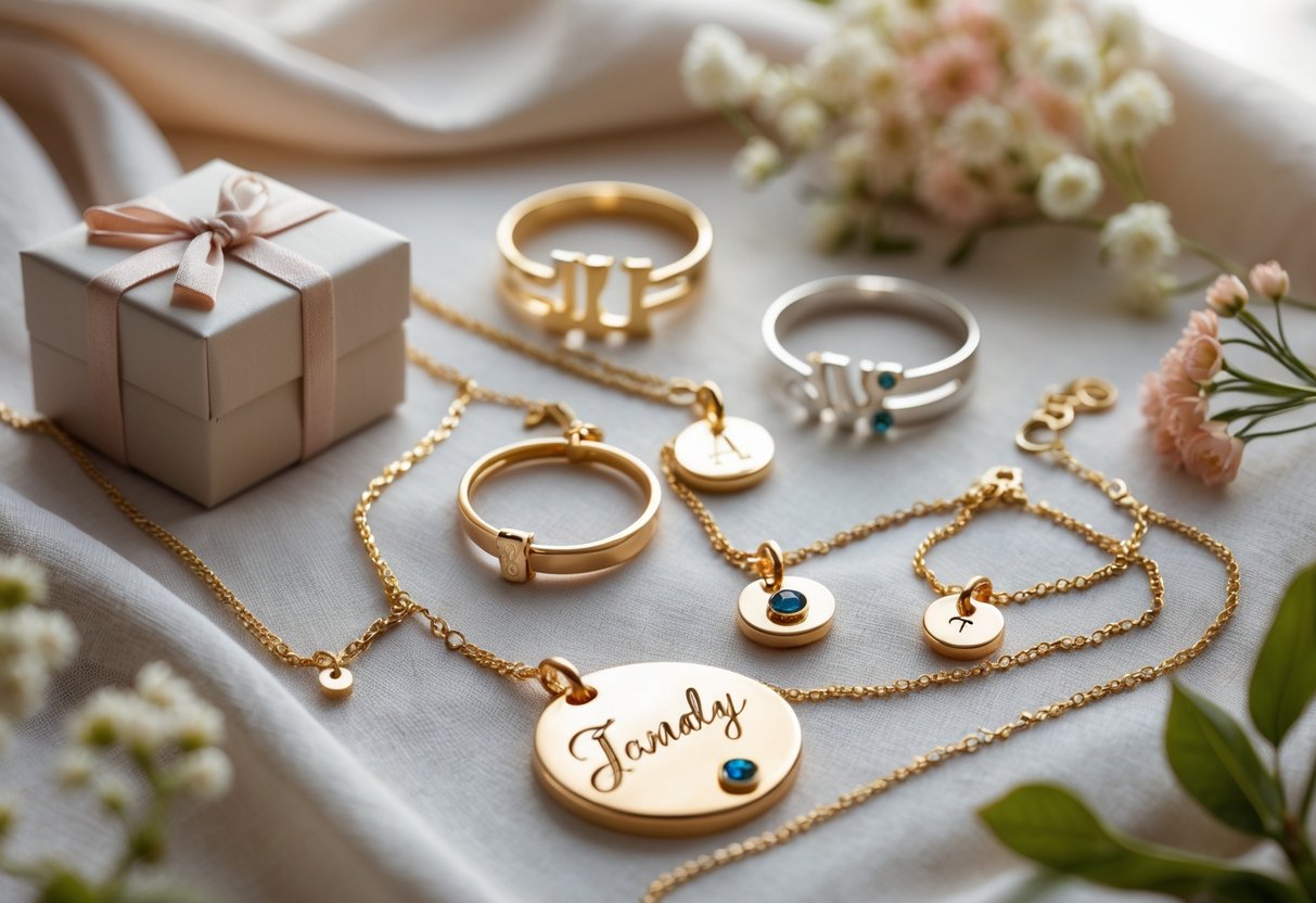 A collection of personalized gold and silver jewelry including necklaces, bracelets, and rings displayed on soft fabric with flowers and a gift box nearby.