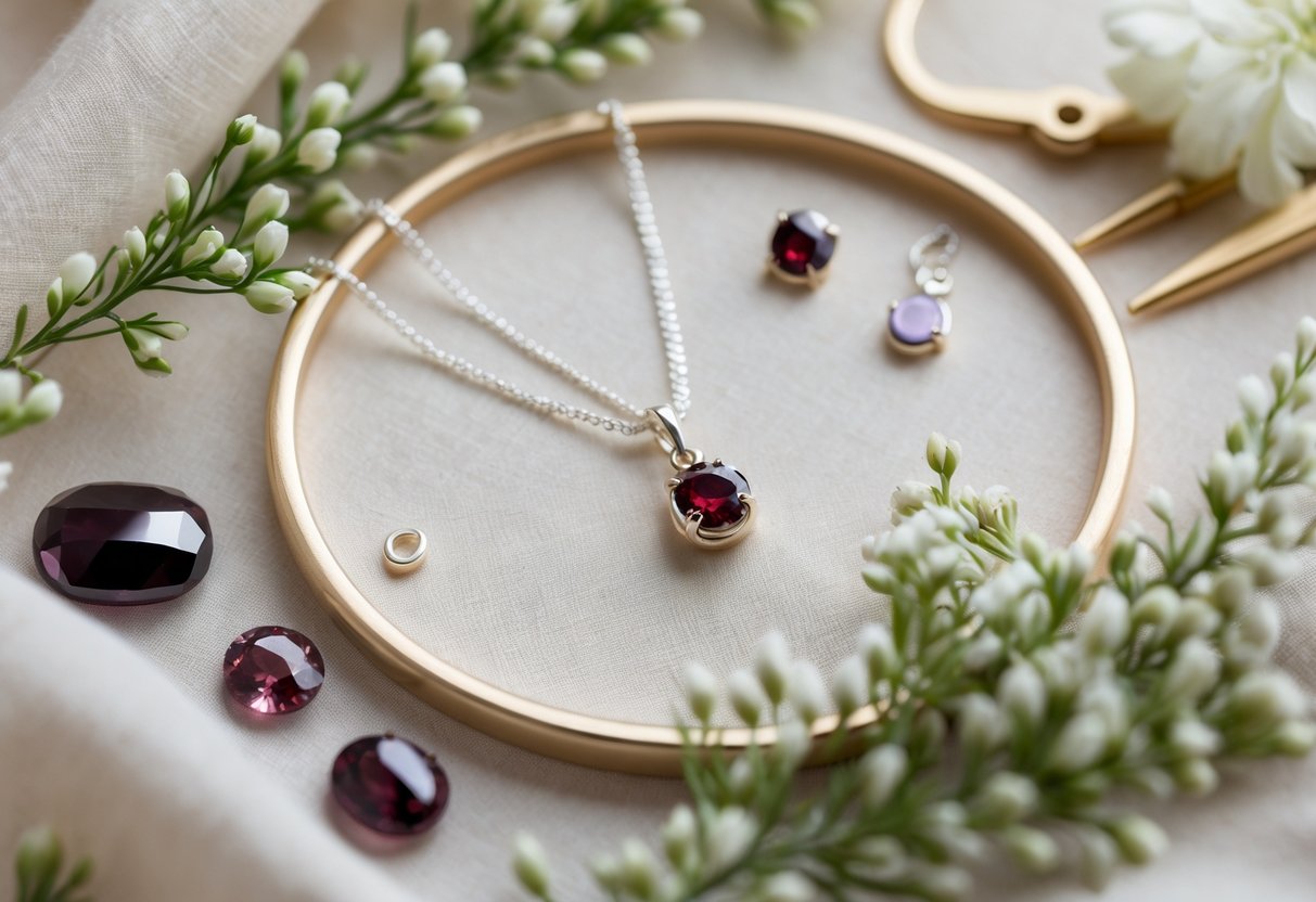 Close-up of a garnet pendant necklace with jewelry-making materials and white flowers on a soft fabric background.