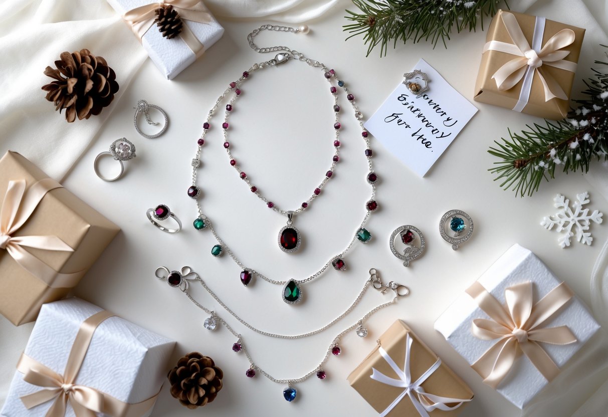 A flat lay of personalized January birthstone jewelry and keepsakes arranged with gift boxes and winter decorations on a soft white background.
