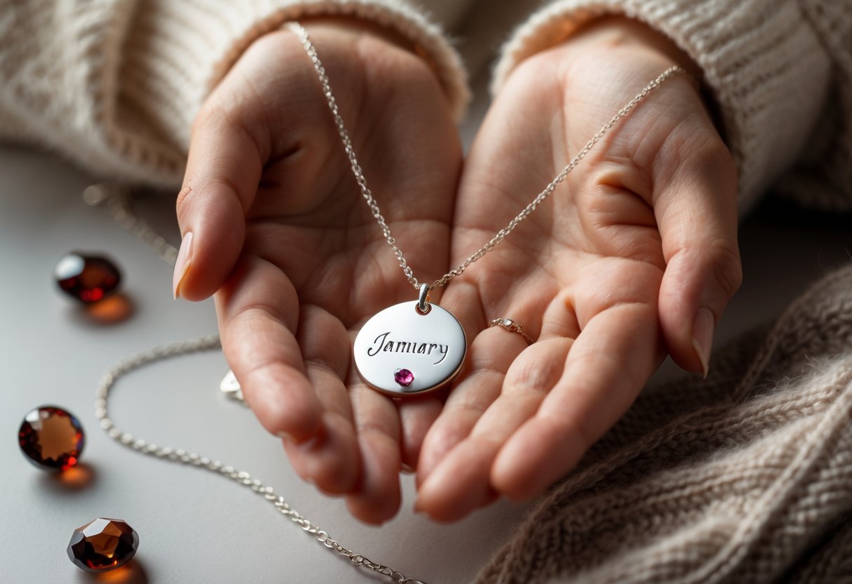 Hands holding a delicate personalized necklace with garnet gemstones, surrounded by soft winter textures.