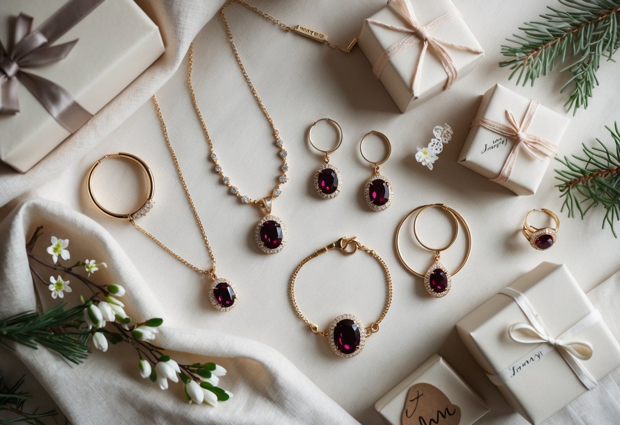 A flat lay of personalized garnet jewelry including rings and necklaces arranged with gift boxes and floral accents on a soft fabric background.