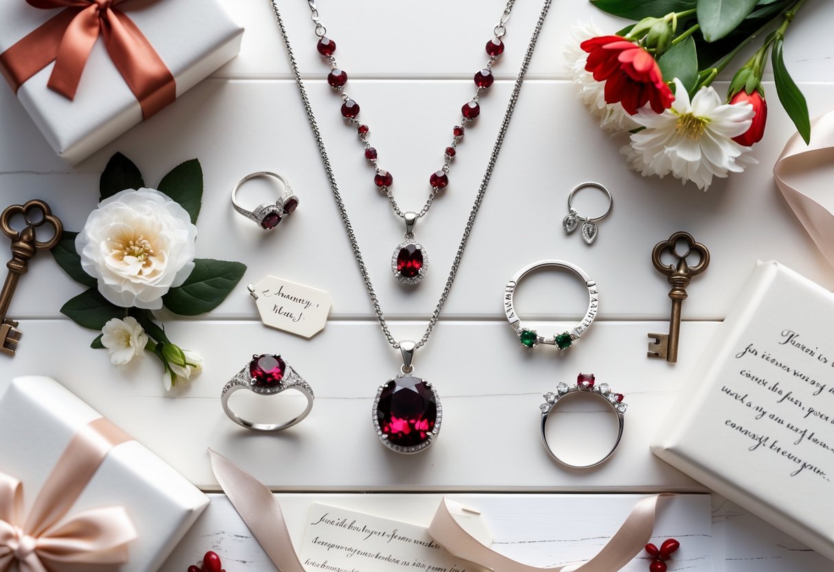 Flat lay of personalized jewelry with garnet birthstones, gift boxes, flowers, and keepsake items arranged on a light wooden surface.