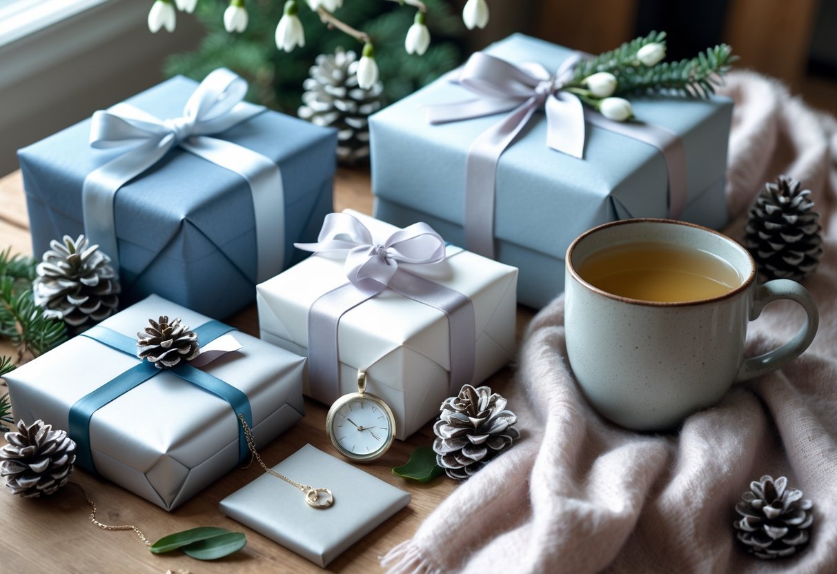A cozy table with wrapped birthday gifts, a silver necklace, a cashmere scarf, a leather journal, pinecones, snowdrop flowers, and a cup of tea.
