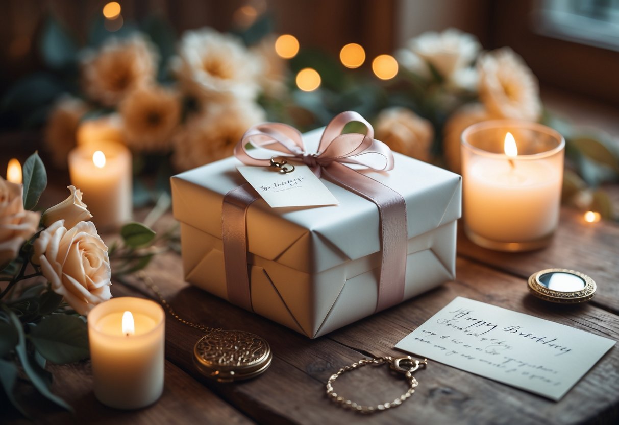 A wrapped birthday gift with ribbons on a wooden table, surrounded by candles, flowers, a handwritten note, and a vintage locket.