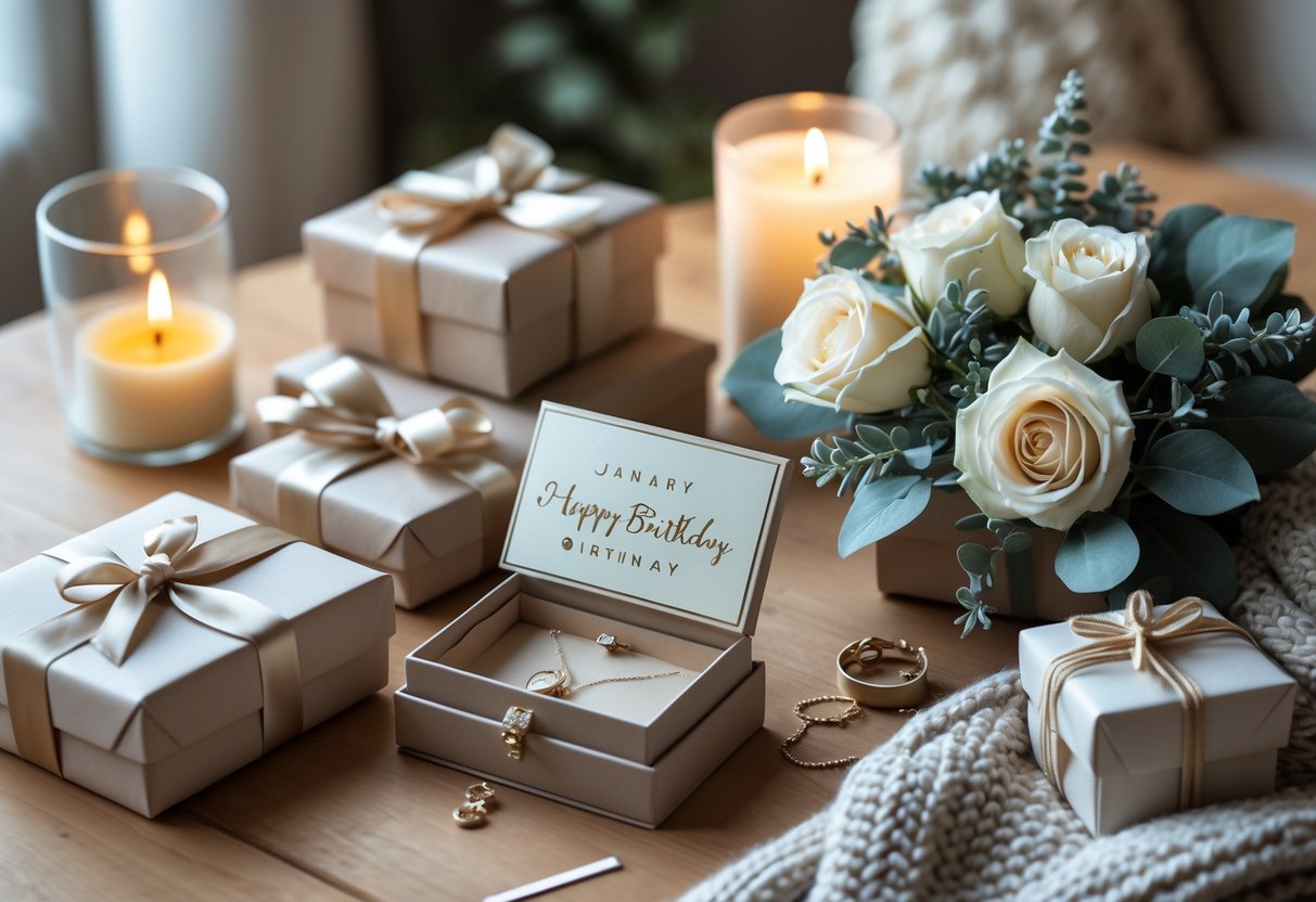 A table with personalized birthday gifts for a woman, including wrapped boxes, a jewelry box, a card, flowers, and winter-themed decorations.