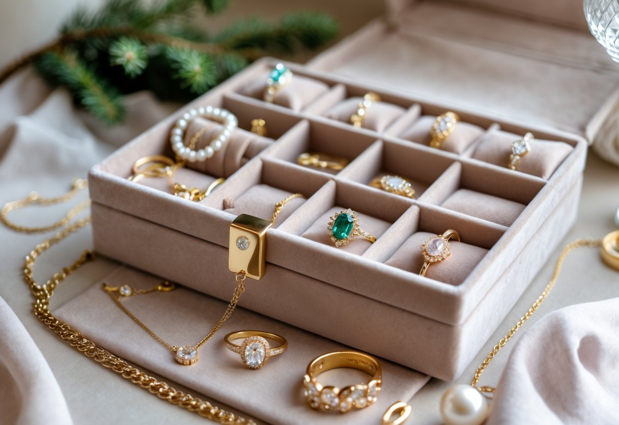 A collection of gold and silver jewelry including necklaces, rings, and earrings displayed on a velvet jewelry organizer with a winter-themed background.