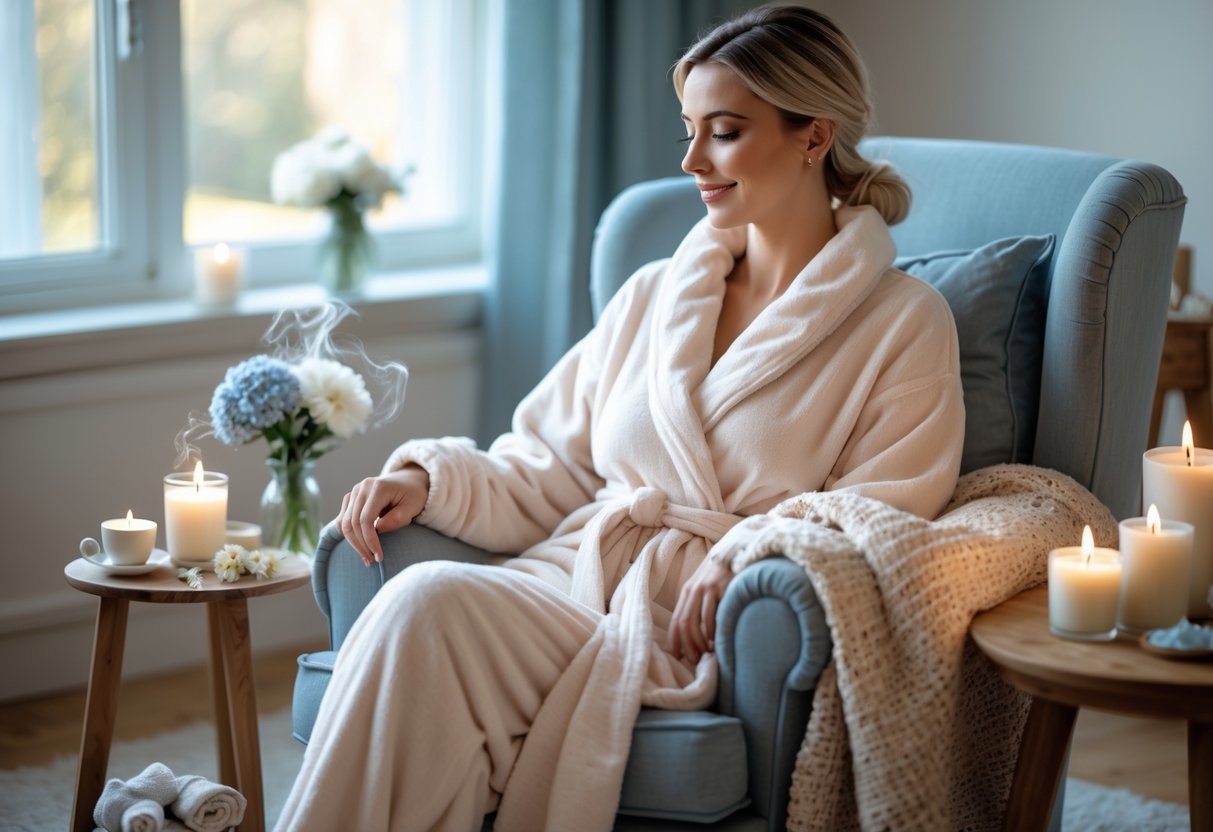 A woman in cozy loungewear sitting in a comfortable chair surrounded by spa gift items like candles, bath salts, and a warm blanket in a softly lit room.