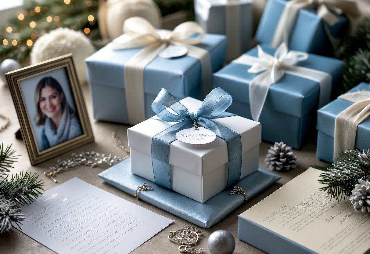 A collection of wrapped gift boxes, a photo frame, a jewelry box with a necklace, and a handwritten letter arranged on a table with winter decorations.