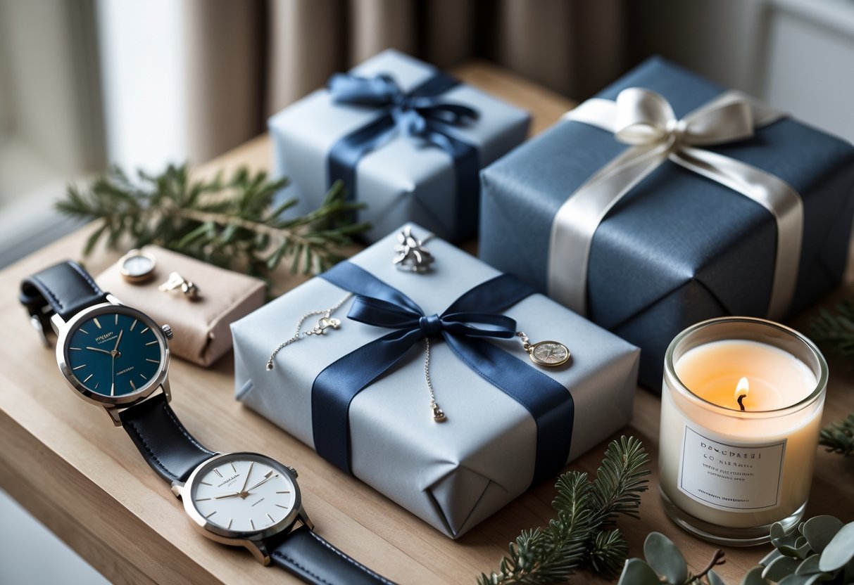 A cozy table displaying elegant wrapped gifts, a wristwatch, a silver necklace, a scented candle, and a hardcover book arranged with natural greenery.
